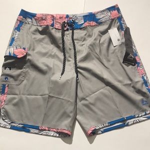 RBX Performance Swim Mens trunks medium blue floral drawstring board shorts